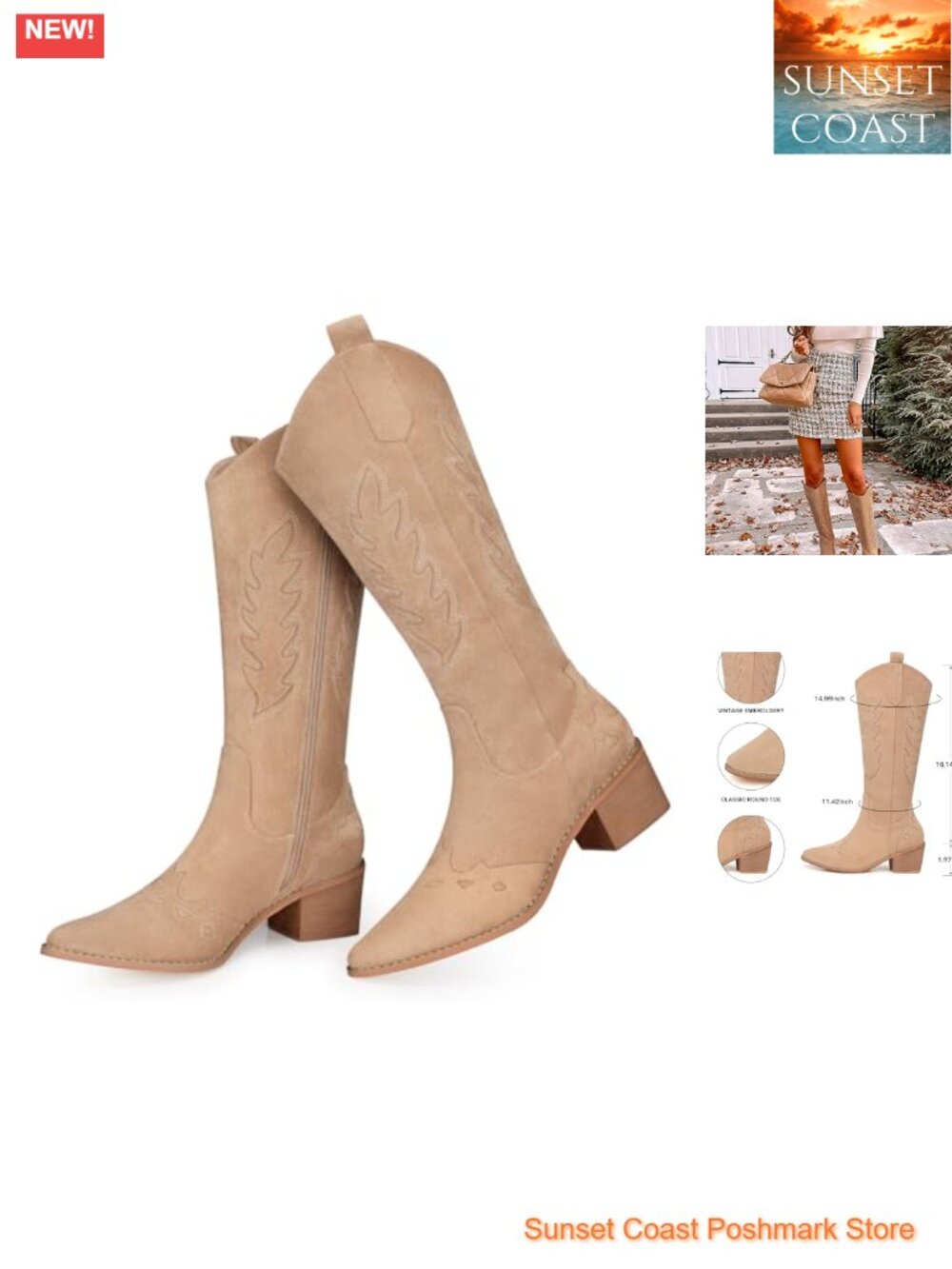 Suede Knee High Cowboy Boots Pointed Toe Low Heel Pull On Western